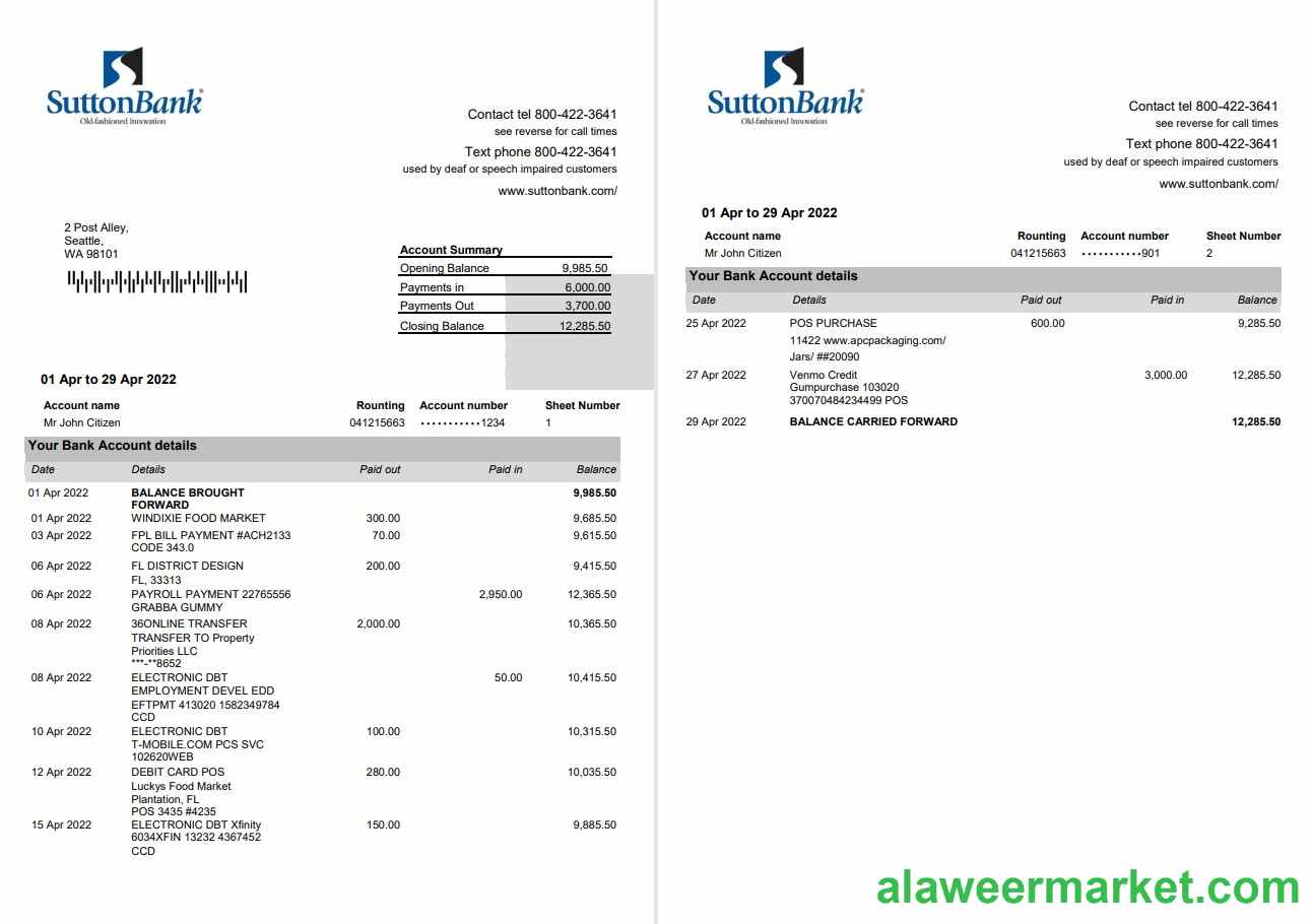 USA Sutton Bank Statement 2 pages